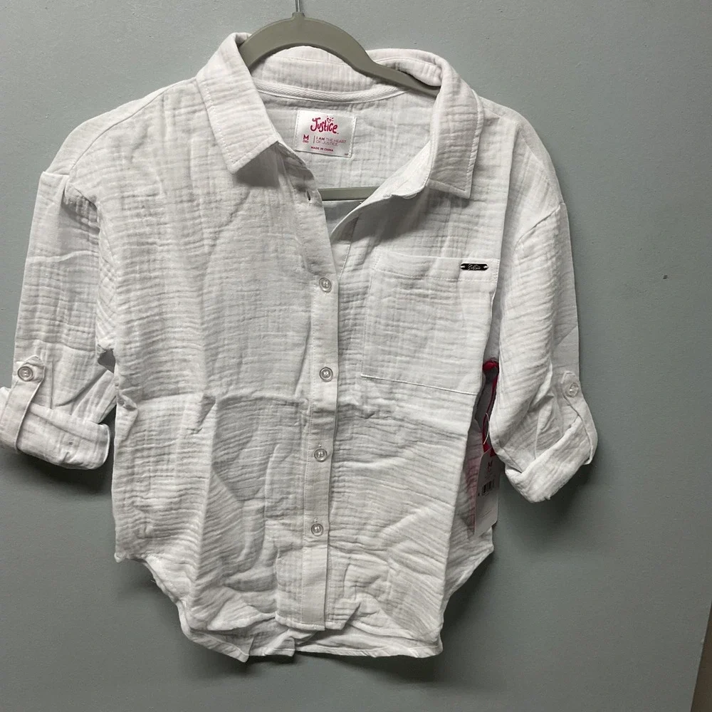 Justice Girls White Gauze Beach Shirt Size M 10 Roll Tab Sleeves